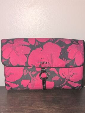Tumi Pink Peony Floral Fold-Over Travel Jewelry Case with Black Accents